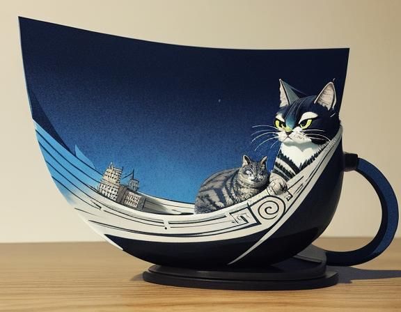 Manga-Style Ink Drawing of Cat and Bird on Vessel