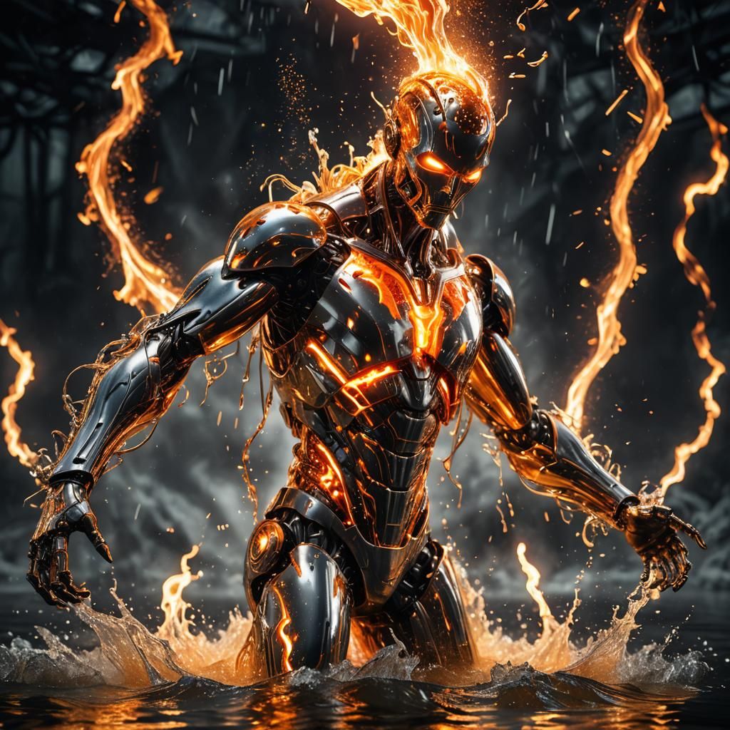 Dramatic Liquid Metal Android Sinking into Molten Lake