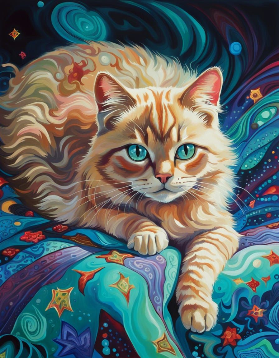 Blonde Cat with Glittering Eyes on Psychedelic Bedding