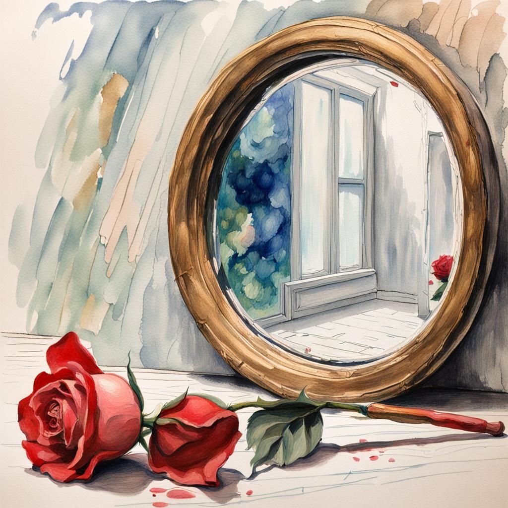 Hand Reaching Through Magic Mirror with Rose