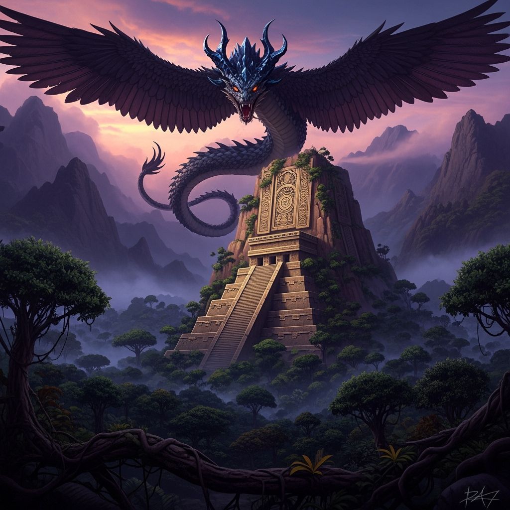 Serpent with Horns and Wings Flies Over Mayan Rainforest