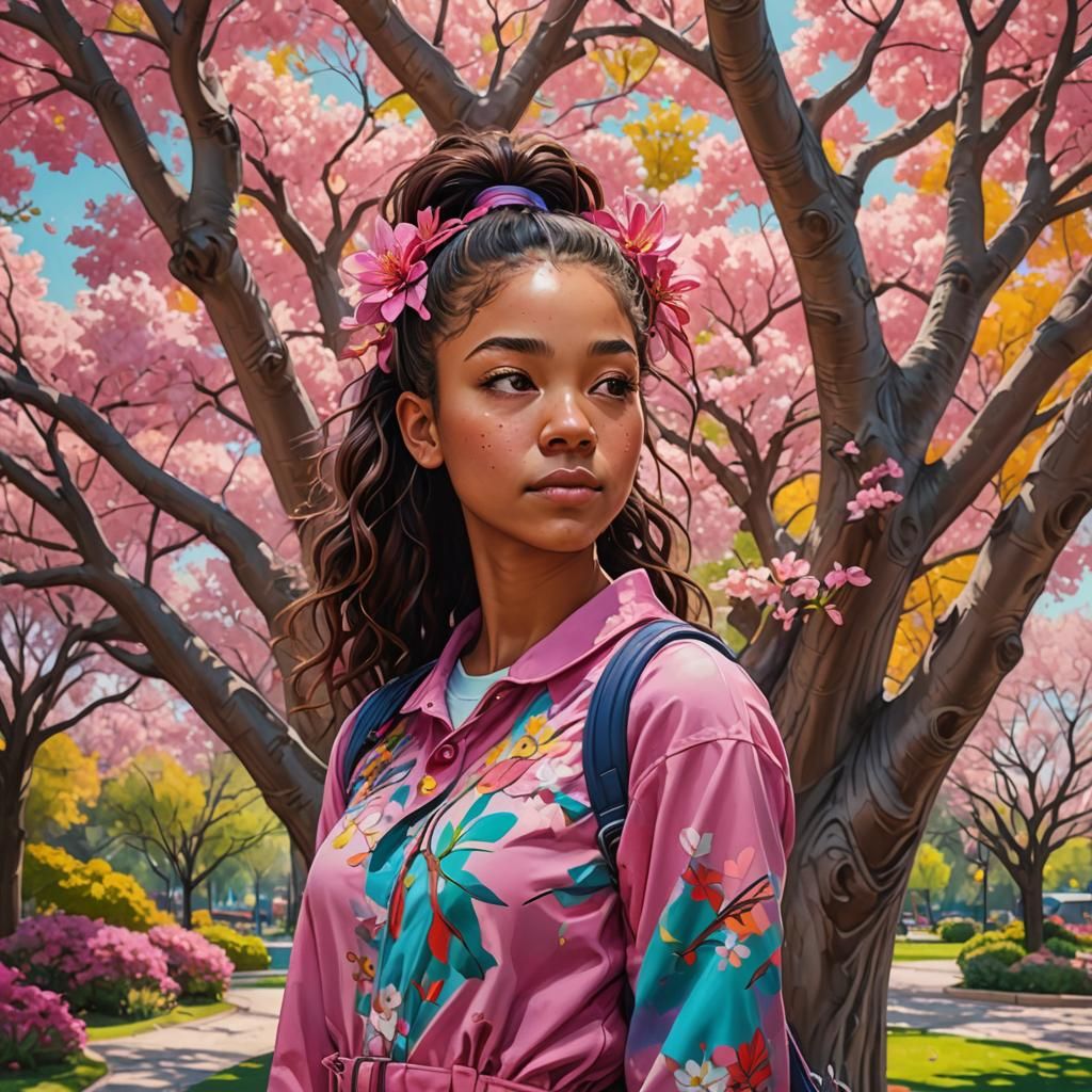 Girl Embraces Blooming Tree in Colorful Splash Art