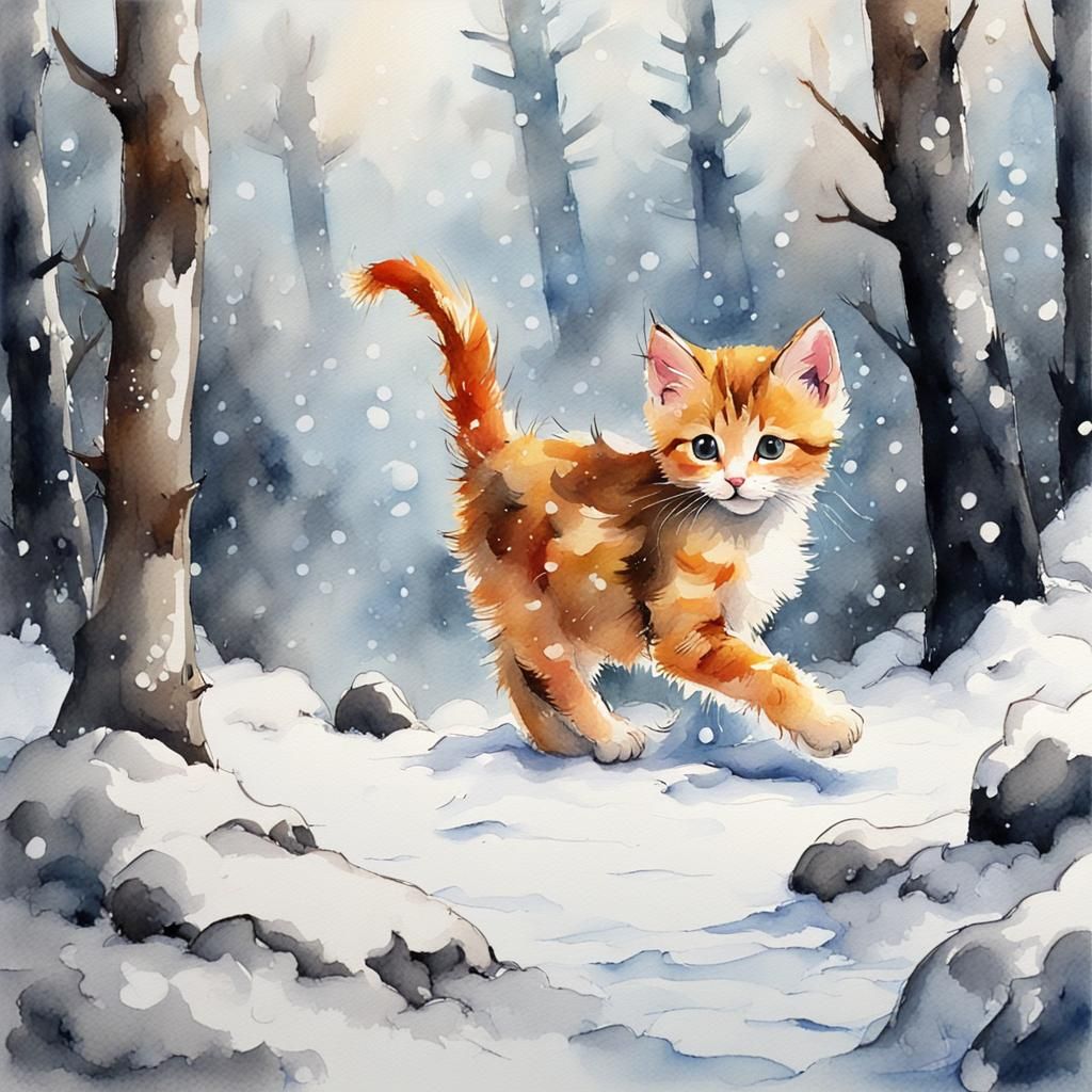 Kitten's Snowy Forest Walk: Mixed Media Anime Art