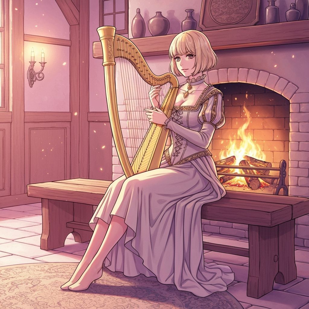 Renaissance Woman with Harp in Tavern, Cel-Shaded Style