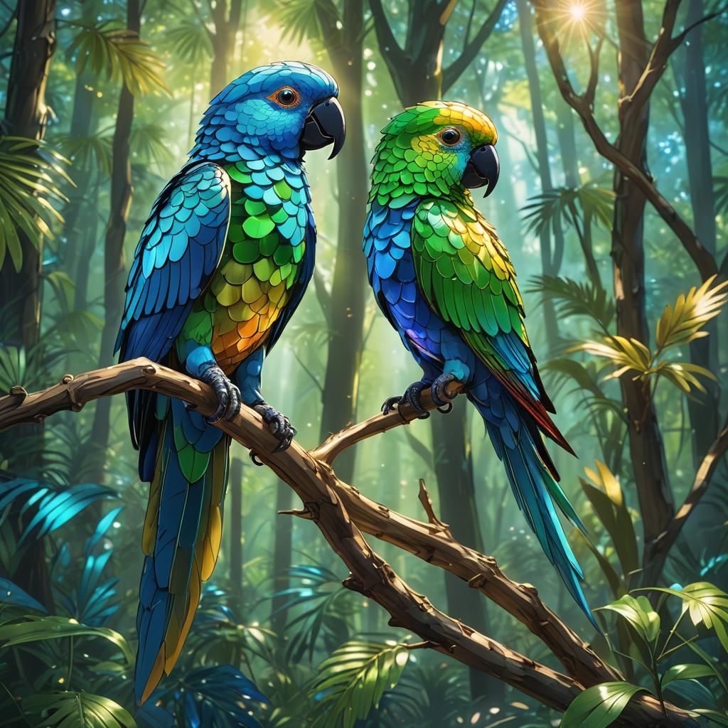 Colorful Glass Parrot in Anime Cel-Shaded Style