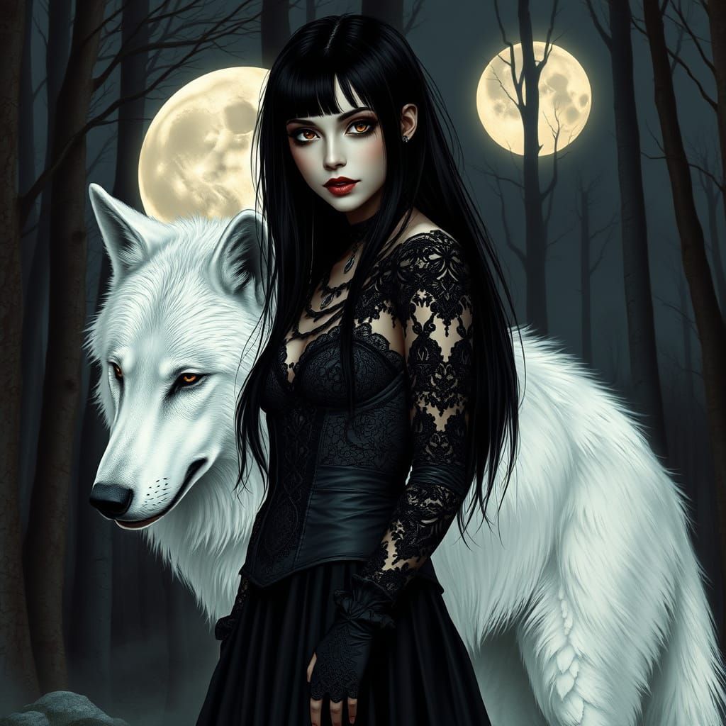Gothic Woman with White Wolf in Moonlight