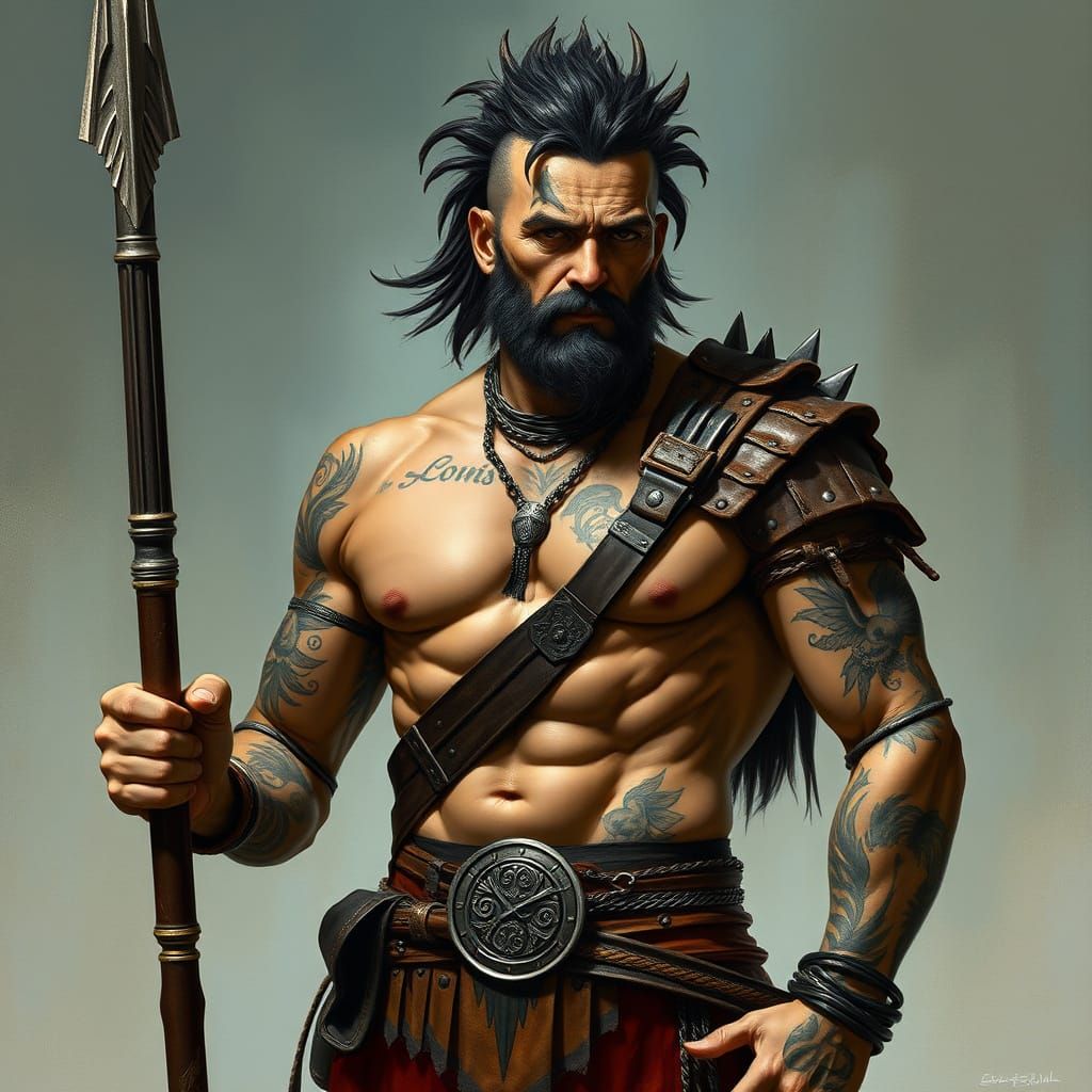 Tribal Warrior with Spear in Bio-Mechanical Style
