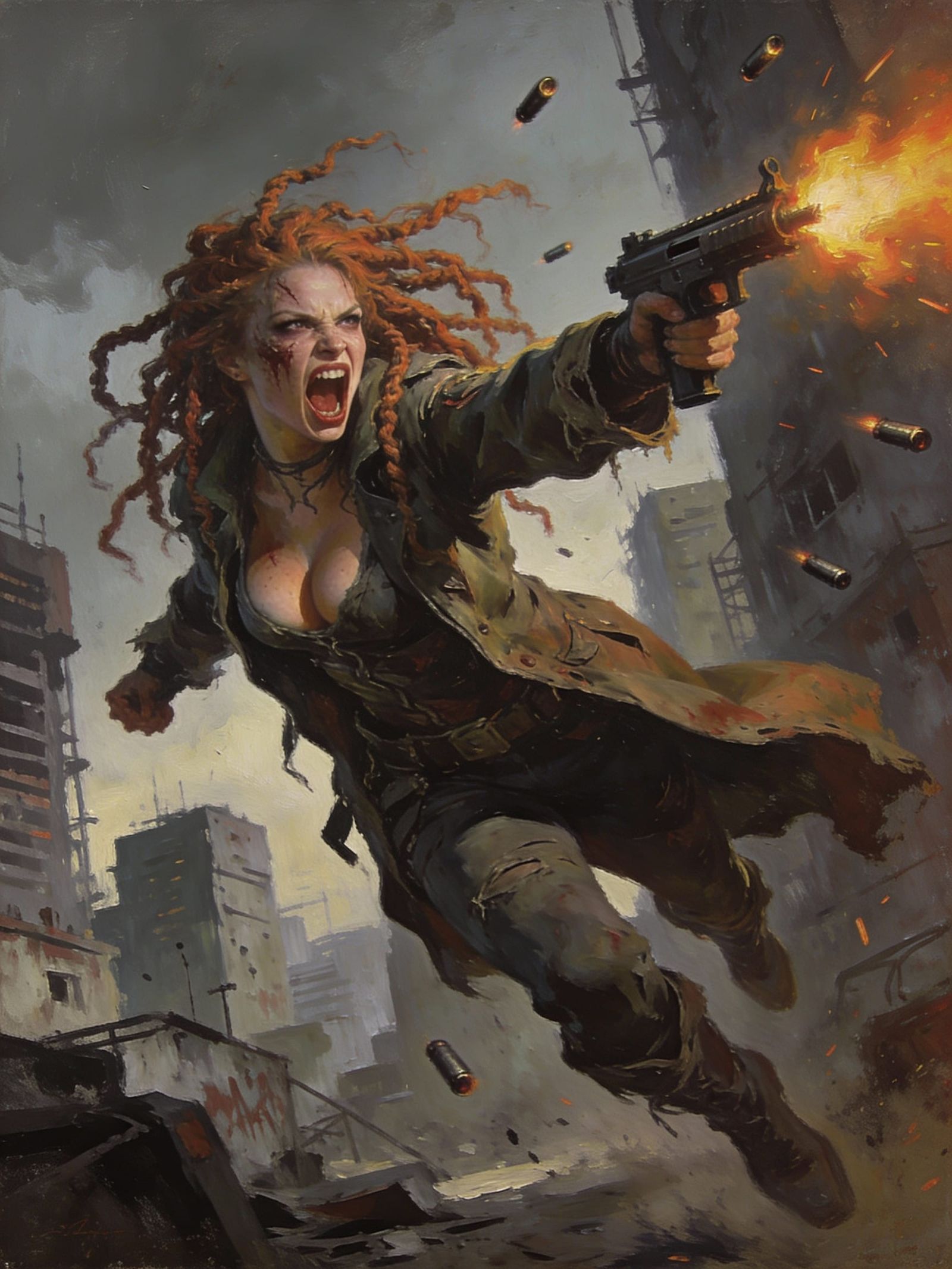 Enraged Warrior Unleashes Firepower in Post-Apocalyptic City
