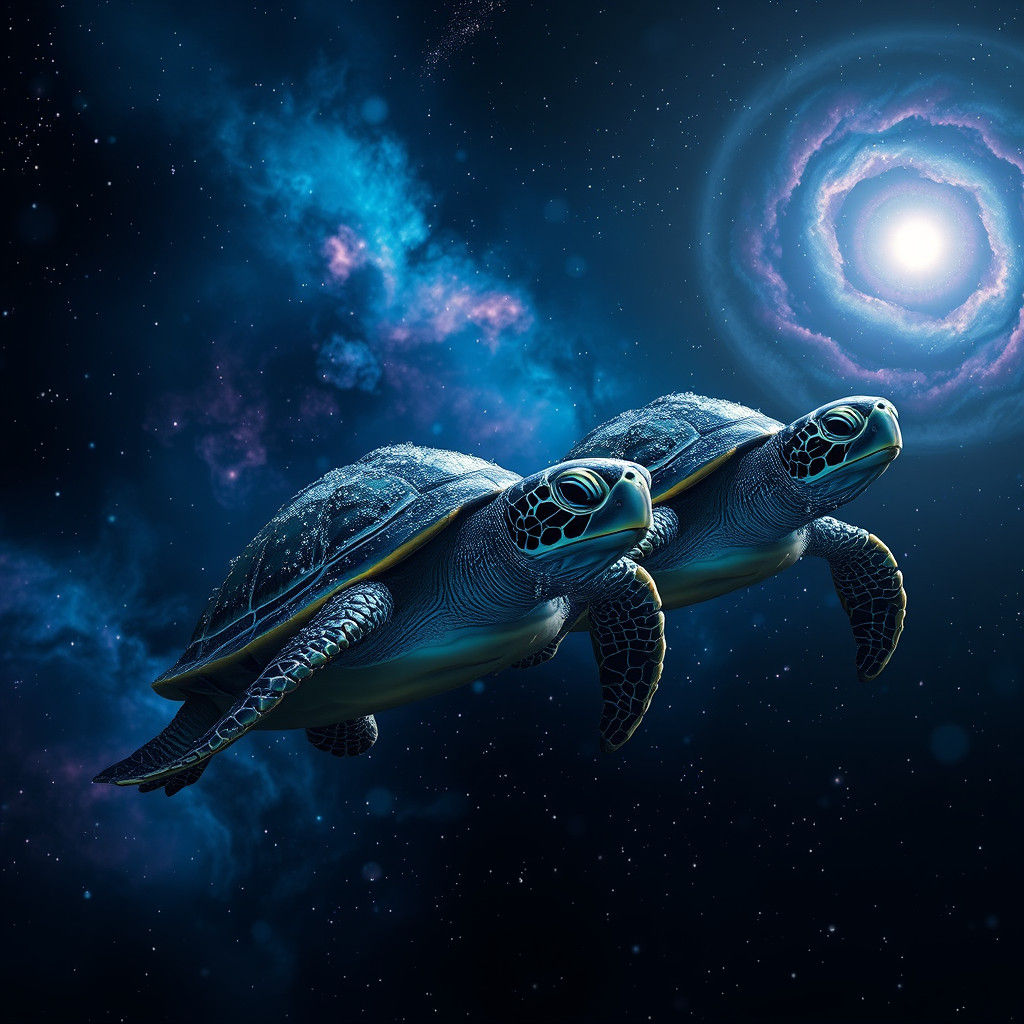 Turtles Swim Through Space in Digital Painting Style