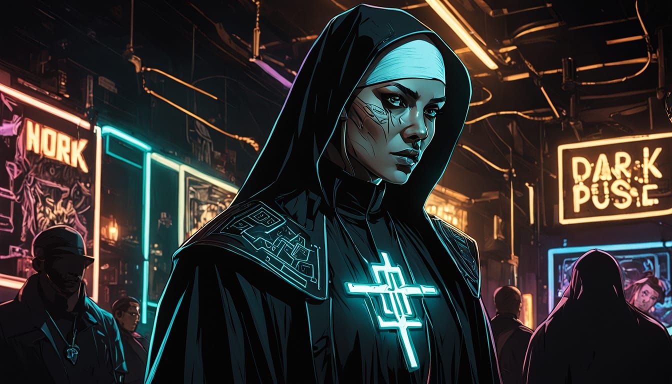 Cyberpunk Nun in Neon Nightclub Comic Art