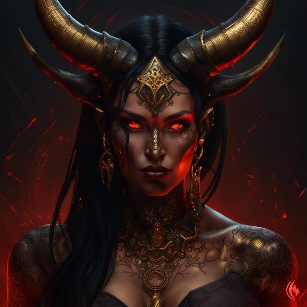 Hyperdetailed Demon Woman with Golden Runes