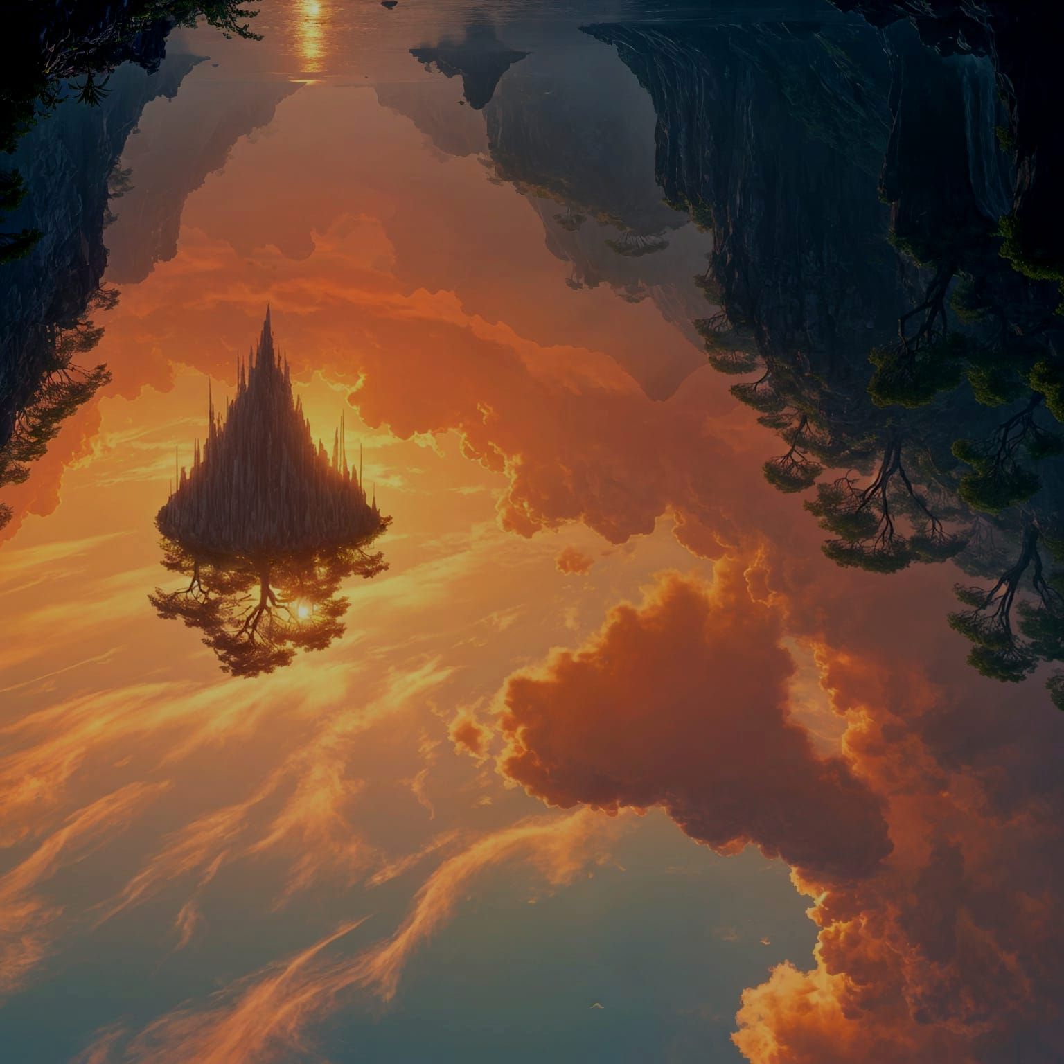 Winged Night Falls Amidst Vibrant Sunset Clouds and Floating...