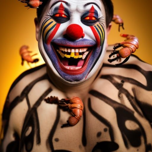 Happy clown with scorpions crawling all over him