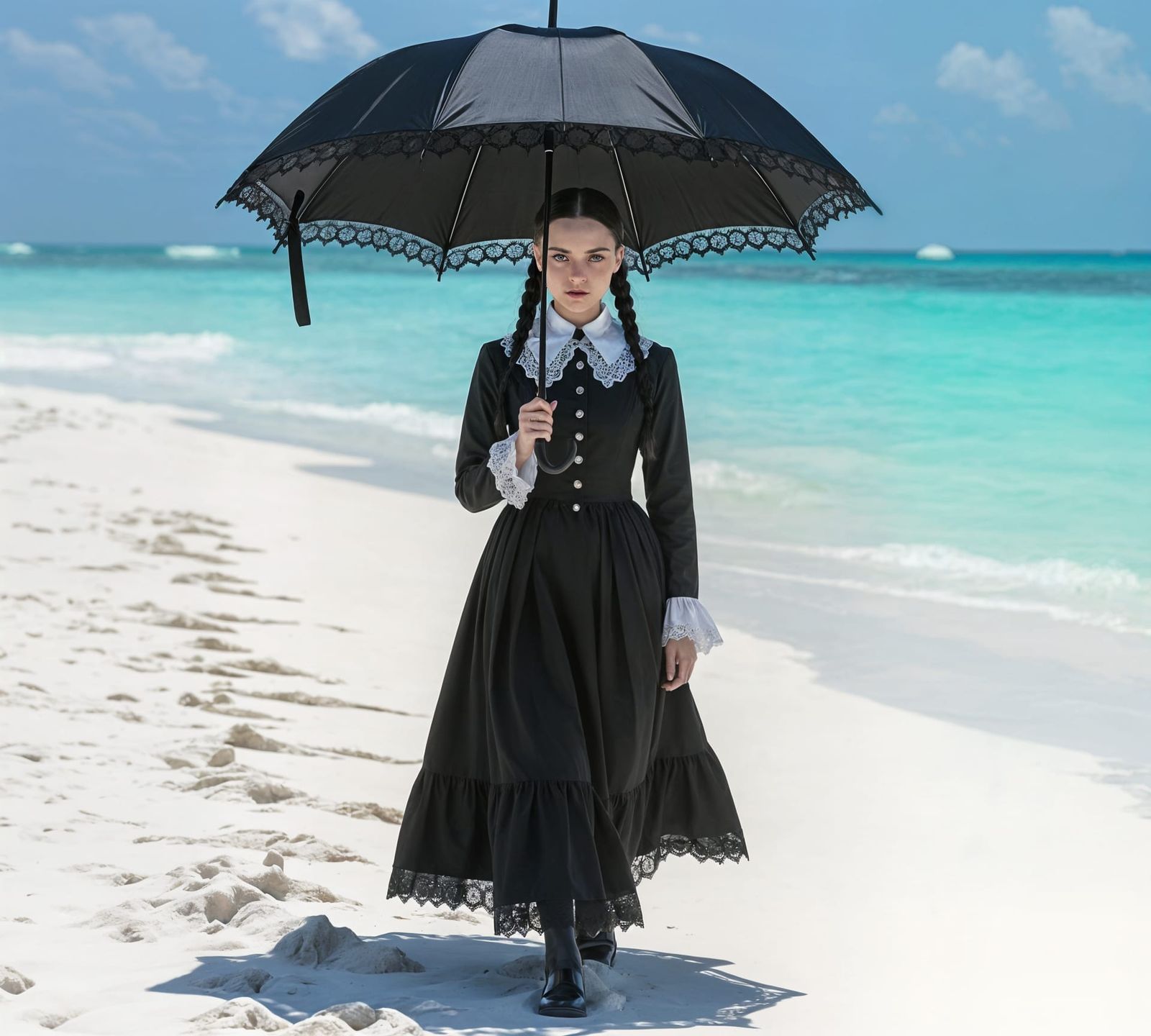 Wednesday Addams Cool on a Hot Beach in Gothic Style