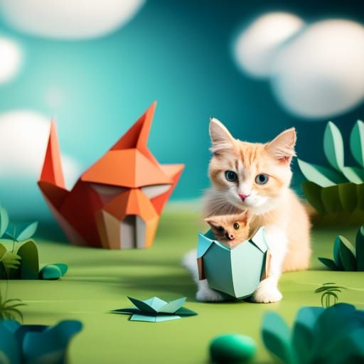 Person with Cat, Dog, Dragon in Origami Style