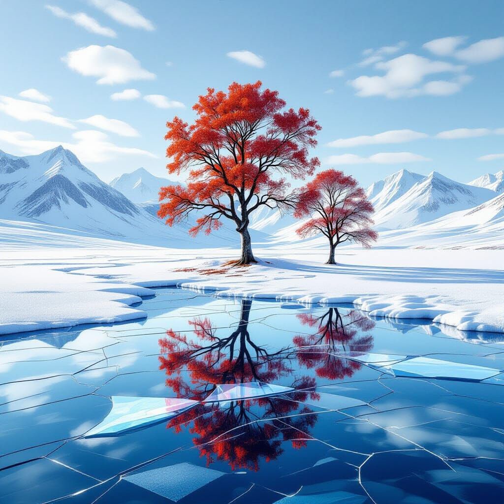 Surreal Icy Landscape with Red Trees and Cracked Mirror Grou...