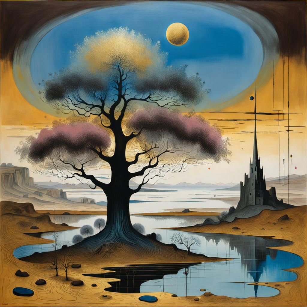 Surreal Tree Reflected in Water, Ink Painting Style