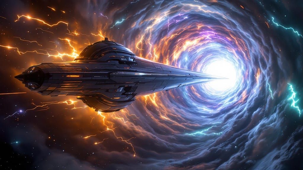 Sleek Starship Creates Cosmic Maelstrom in Deep Space