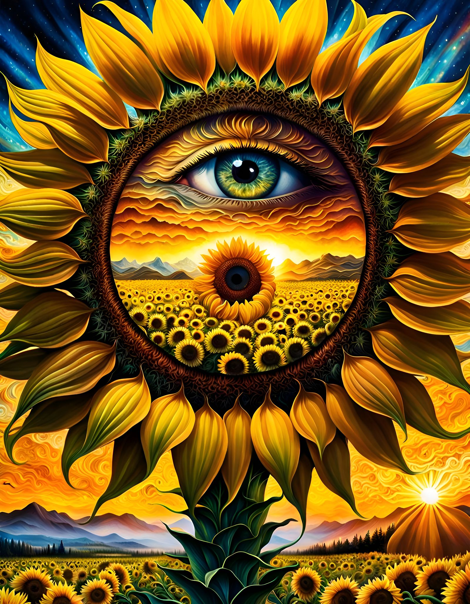 Sunflower Cyclops Portrait in Iridescent Galaxy