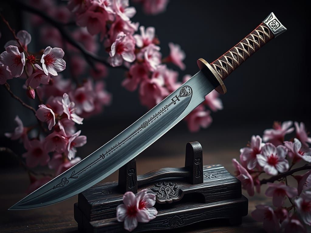 Cyberpunk Japanese Sword in Futuristic Stand