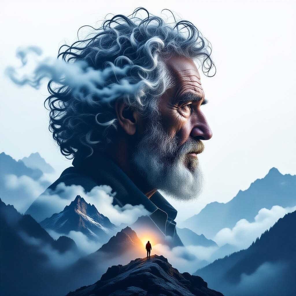 Elderly Man's Profile Merged with Mountain Landscape