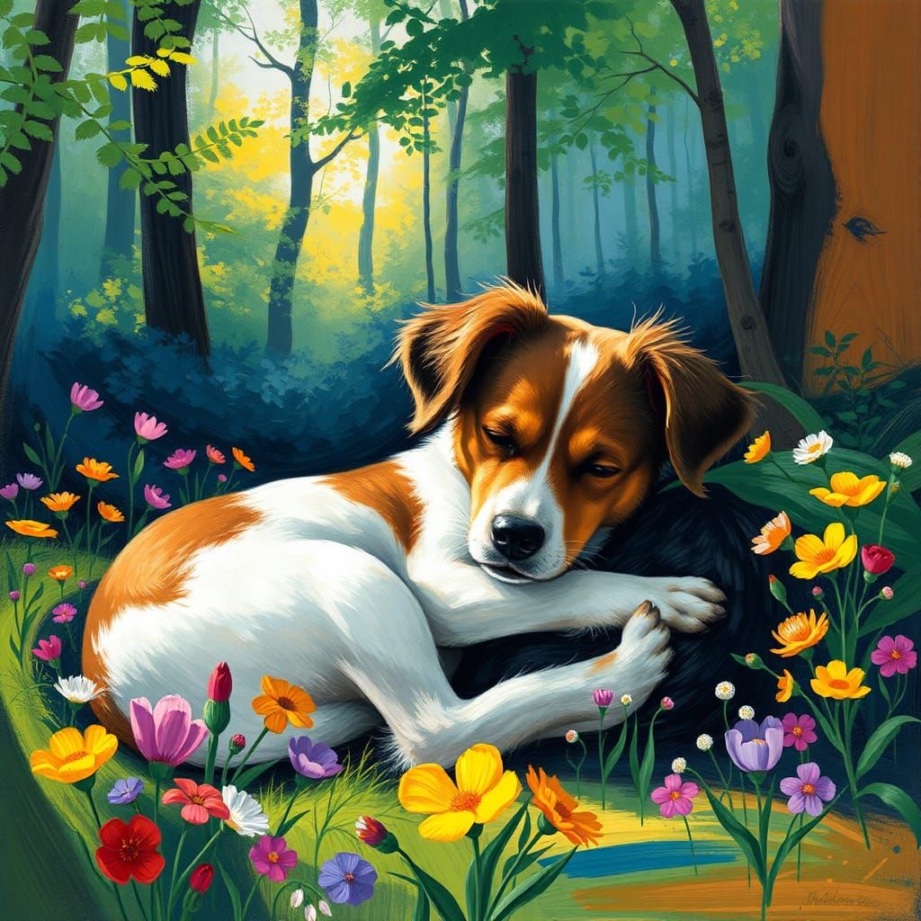 Dog in Spring Forest: Abstract Expressionist Painting