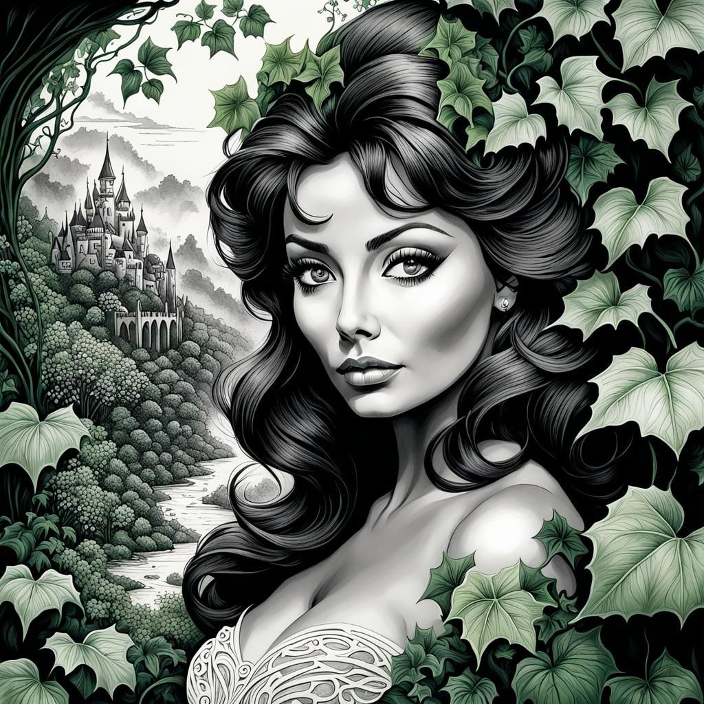 Monochrome Portrait in Whimsical Fantasy Landscape