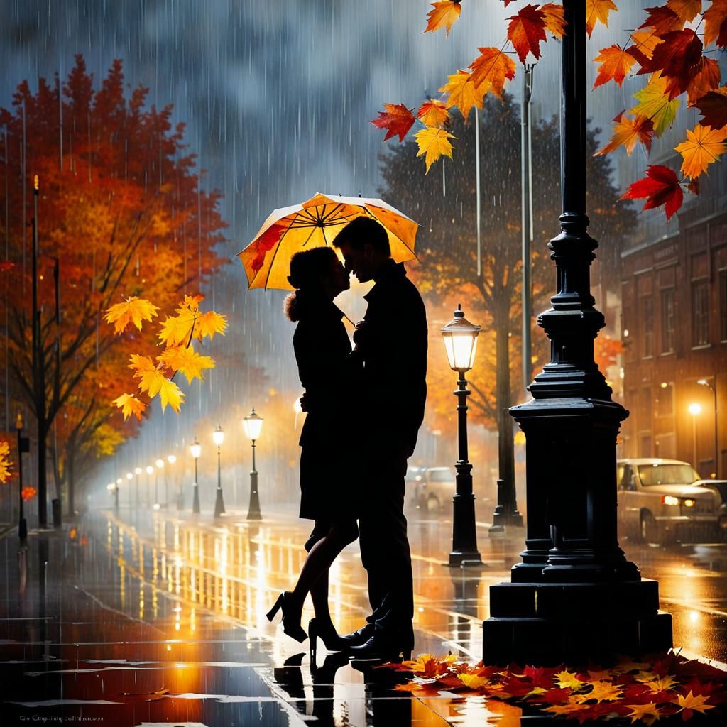 Couple's Farewell Embrace in Autumn Rain