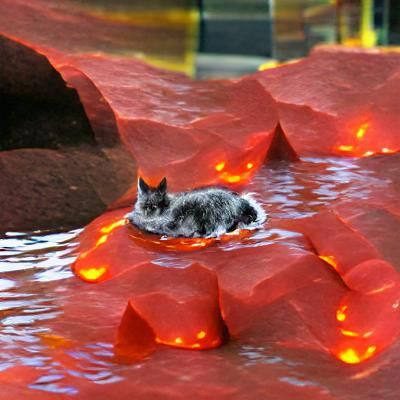 Lava Cat in Submerged Cityscape