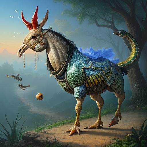 Hybrid Creature Walks in Ethereal Fantasy Landscape