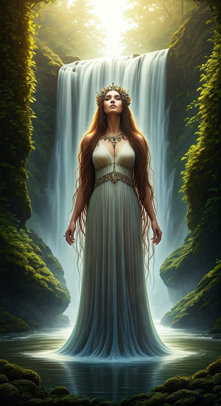 Waterfall Queen in Atmospheric Fantasy Style