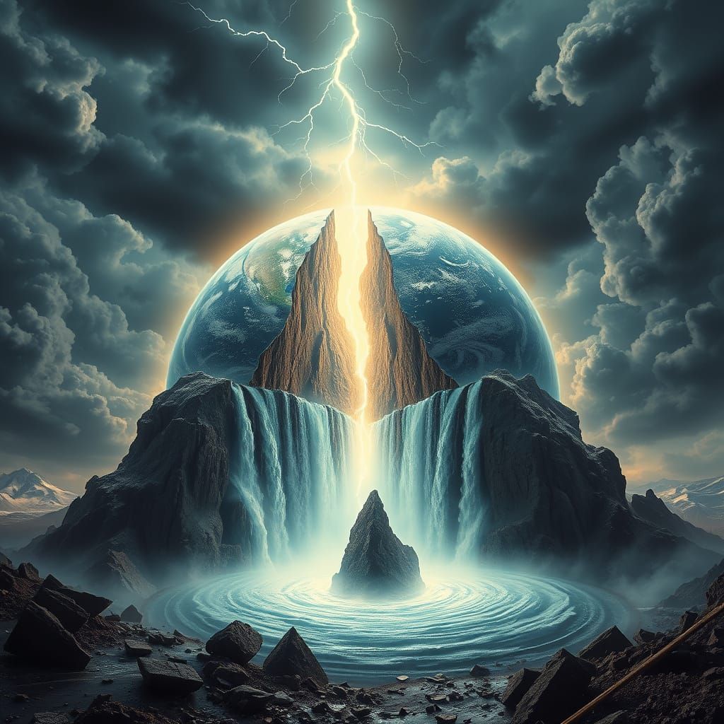 "A massive, jagged lightning bolt strikes the Earth, splitti...