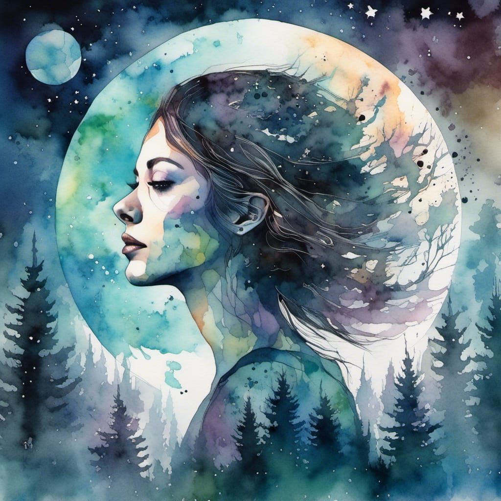 Double Exposure Art: Woman, Forest, and Winter Moon