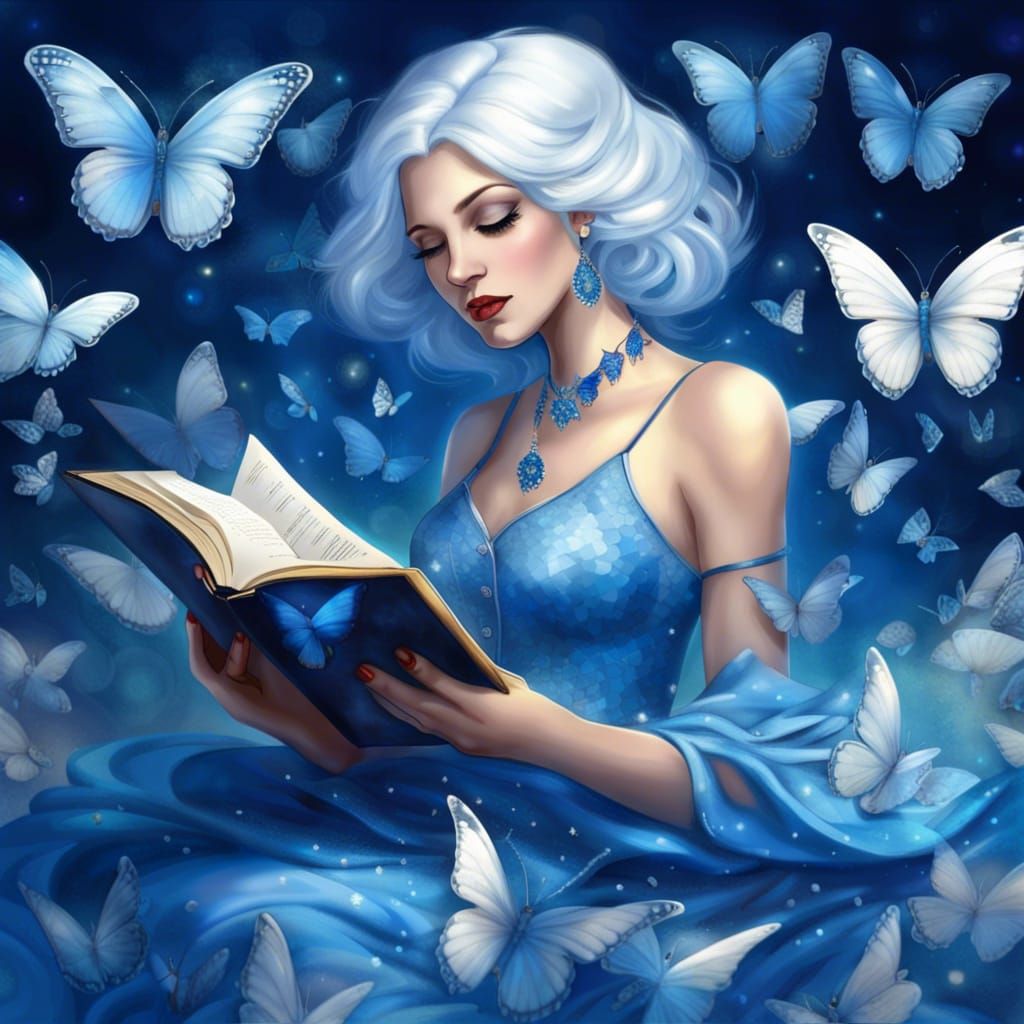 Blue Haired Lady Reading with Butterflies, Digital Art