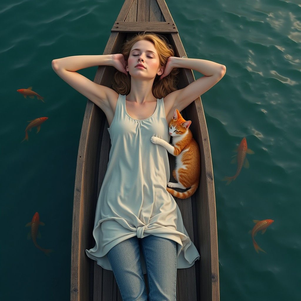 Woman and Cat Sleeping on Boat: Hyperrealistic Photo