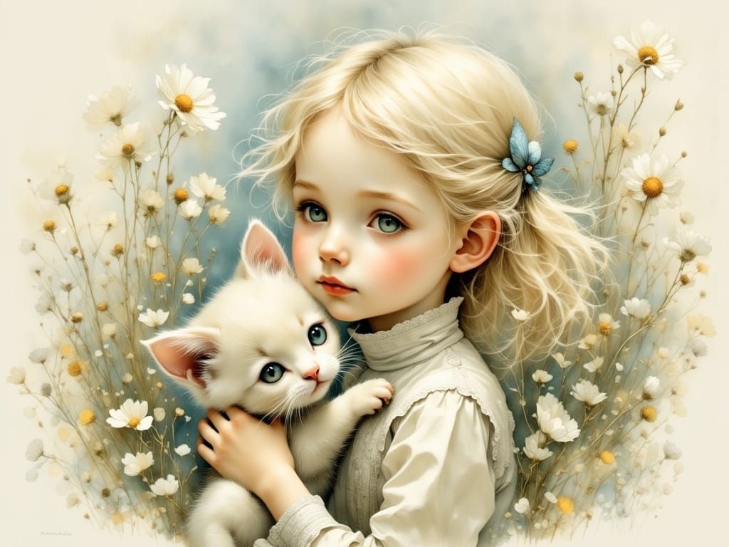 Enchanting Girl with Kitten in Dreamlike Landscape