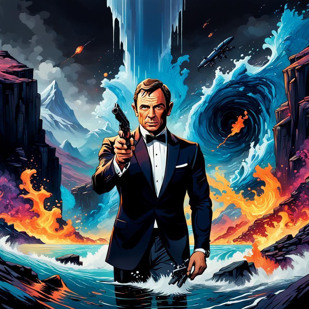 Fantasy James Bond Illustration in Oil and Ink