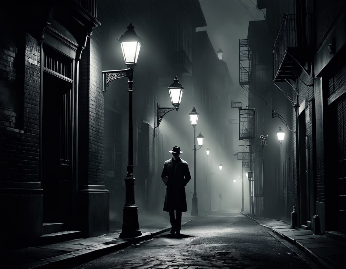 Noir Detective Silhouetted in Fog