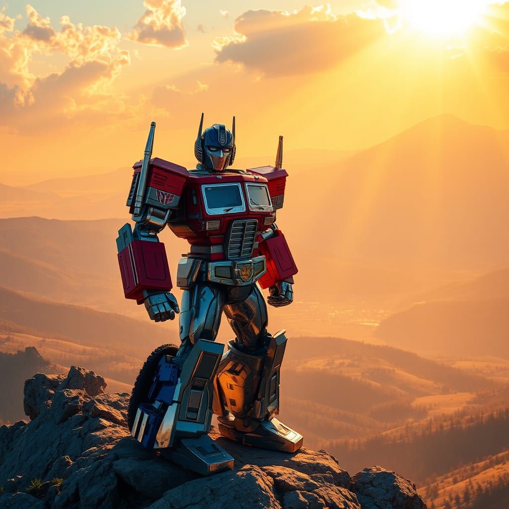 Optimus Prime Overlooking Mountain Landscape at Sunset