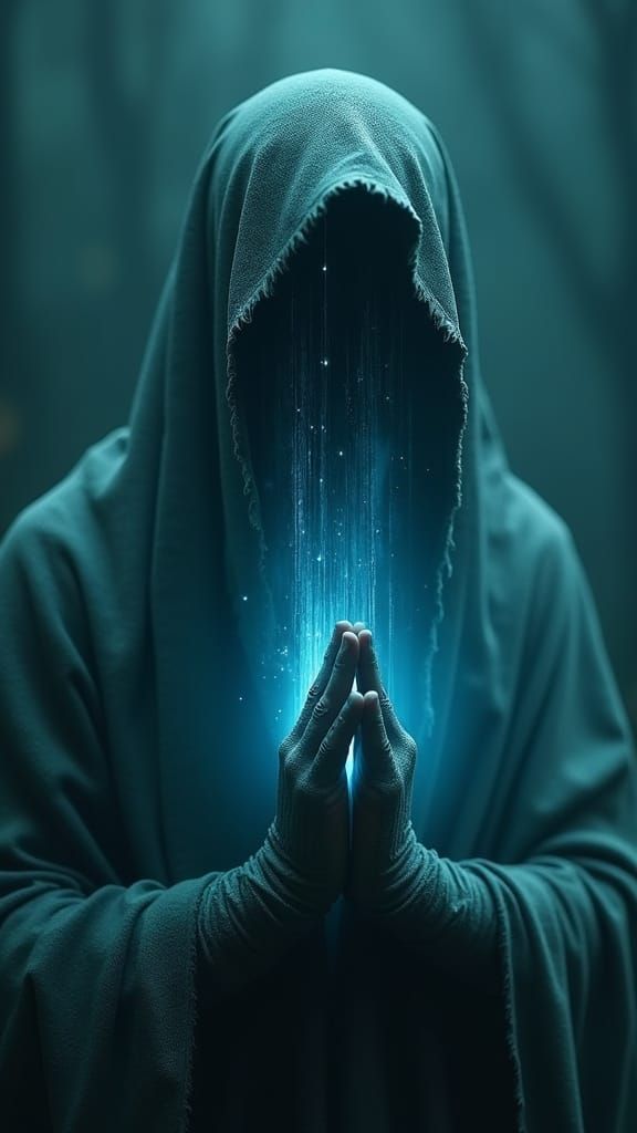 Ethereal Veiled Figure in Spectral Cyan Light