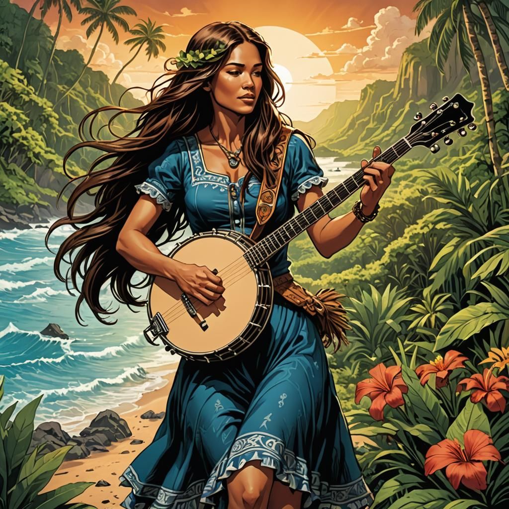 Woman Plays Banjo in Hawaii: Comic Book Art