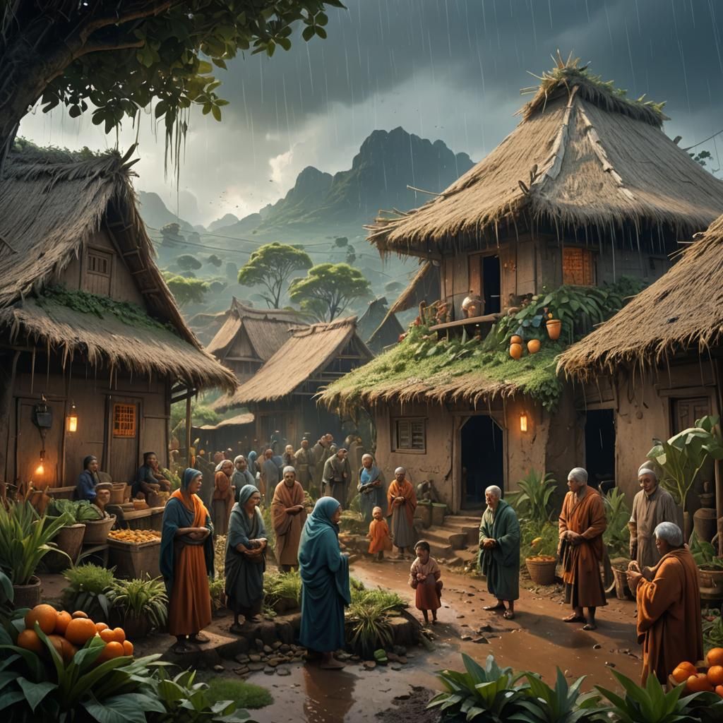Newborn Baby in Village Hut: Fantasy Concept Art