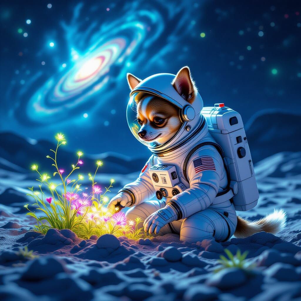 Chihuahua Astronaut Tends Moon Garden Under Nebula Glow