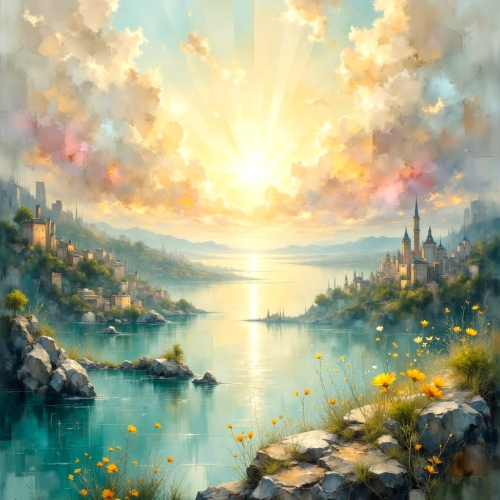 Illuminated World: A Peaceful Landscape in Emerald and Gold