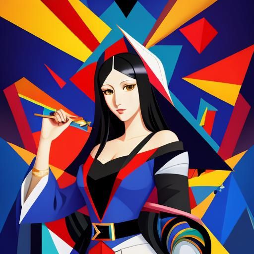 Cubist Mona Lisa in Geometric Anime Style