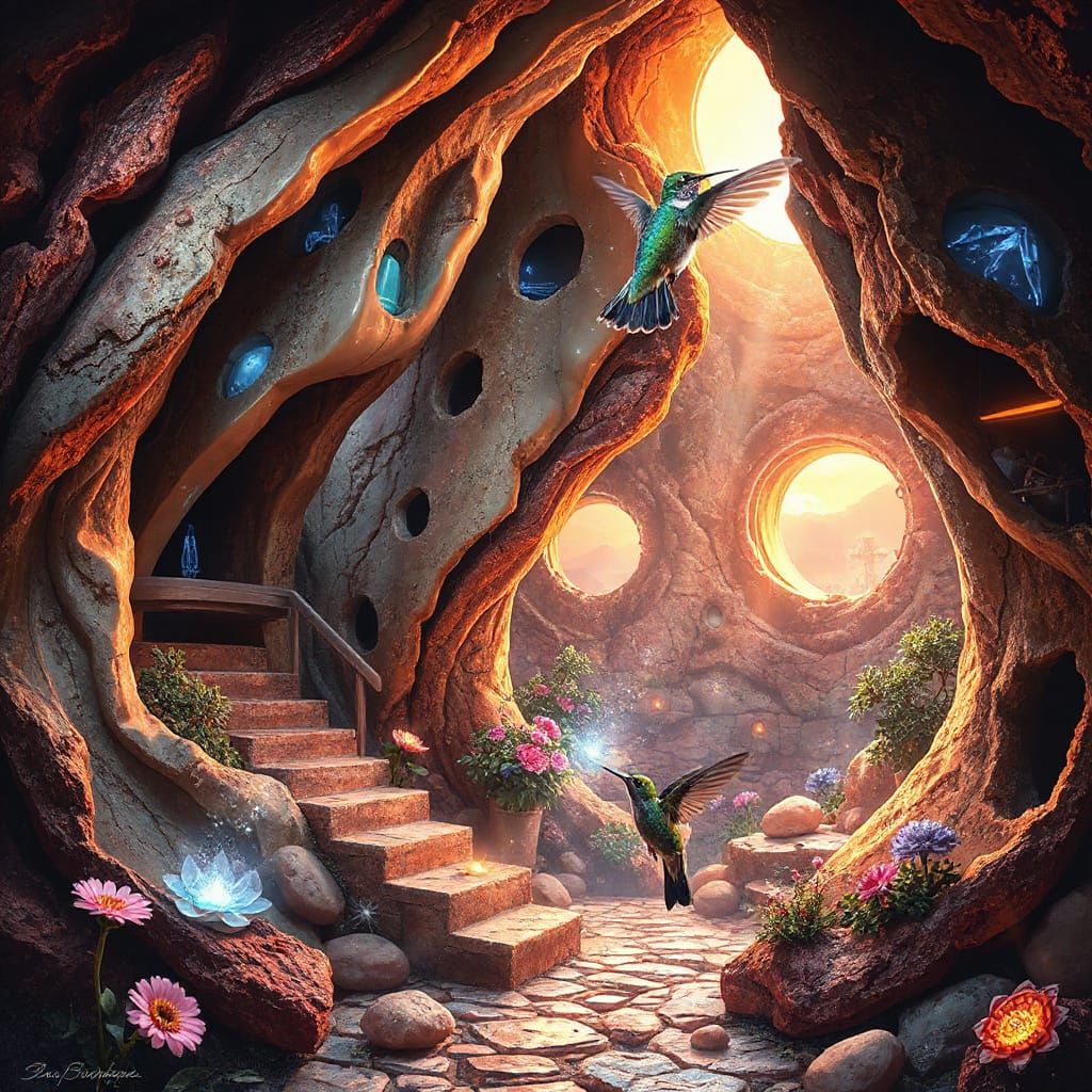 Solarpunk Hummingbird Sanctuary on Mars in Vibrant Geode
