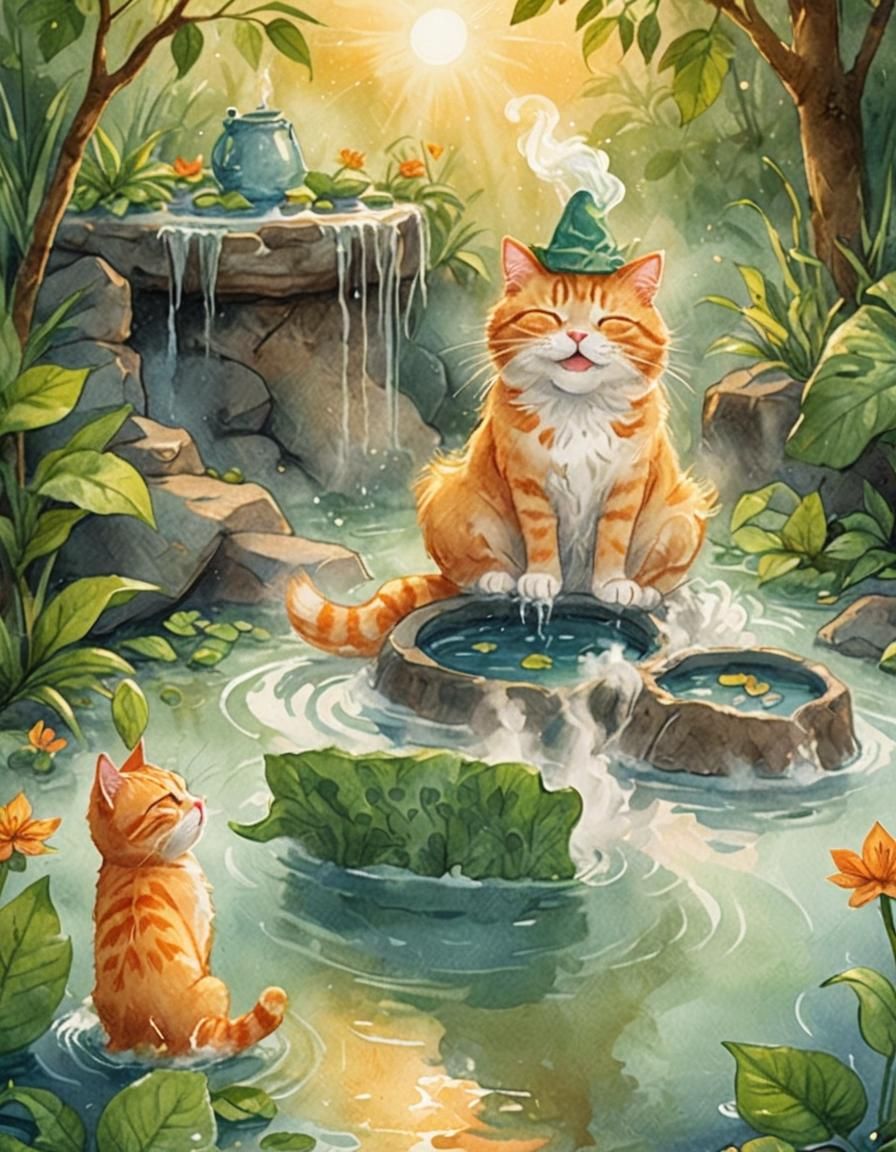 Orange Cat Enjoying Onsen in Watercolor Style