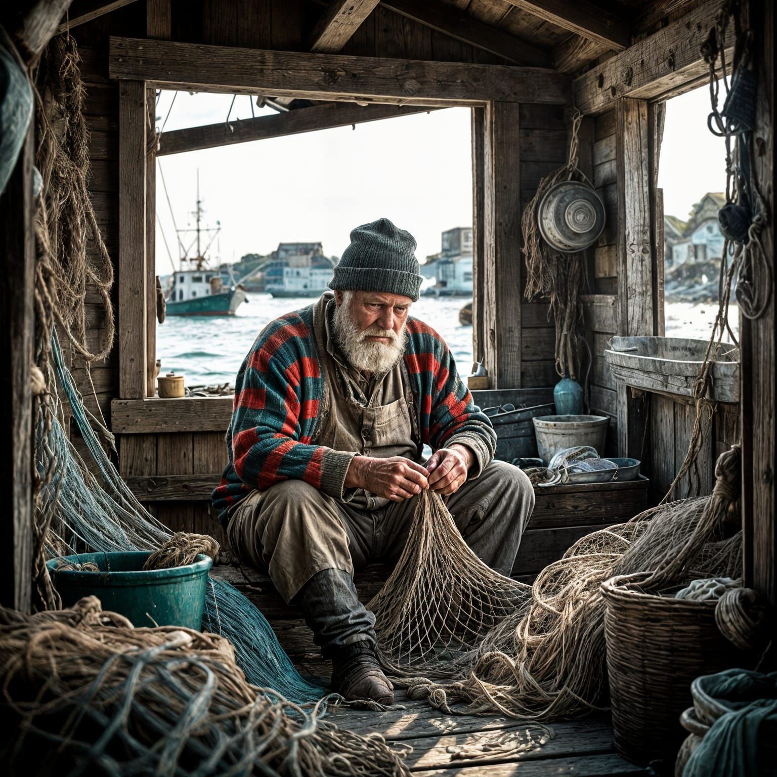 Hyperrealistic Fisherman in Weathered Shack with Moody Light...