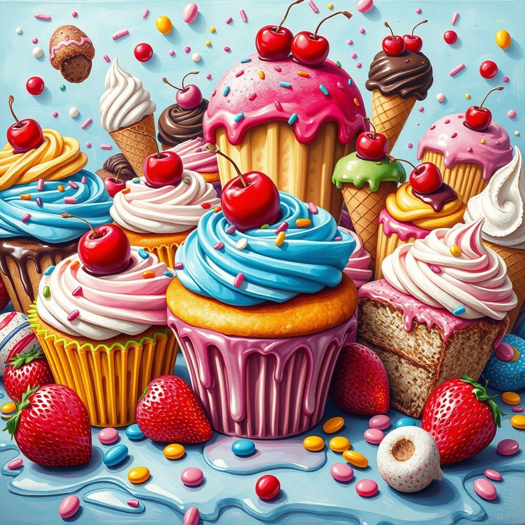 Whimsical Dessert Wonderland in Vibrant Colors and Textures