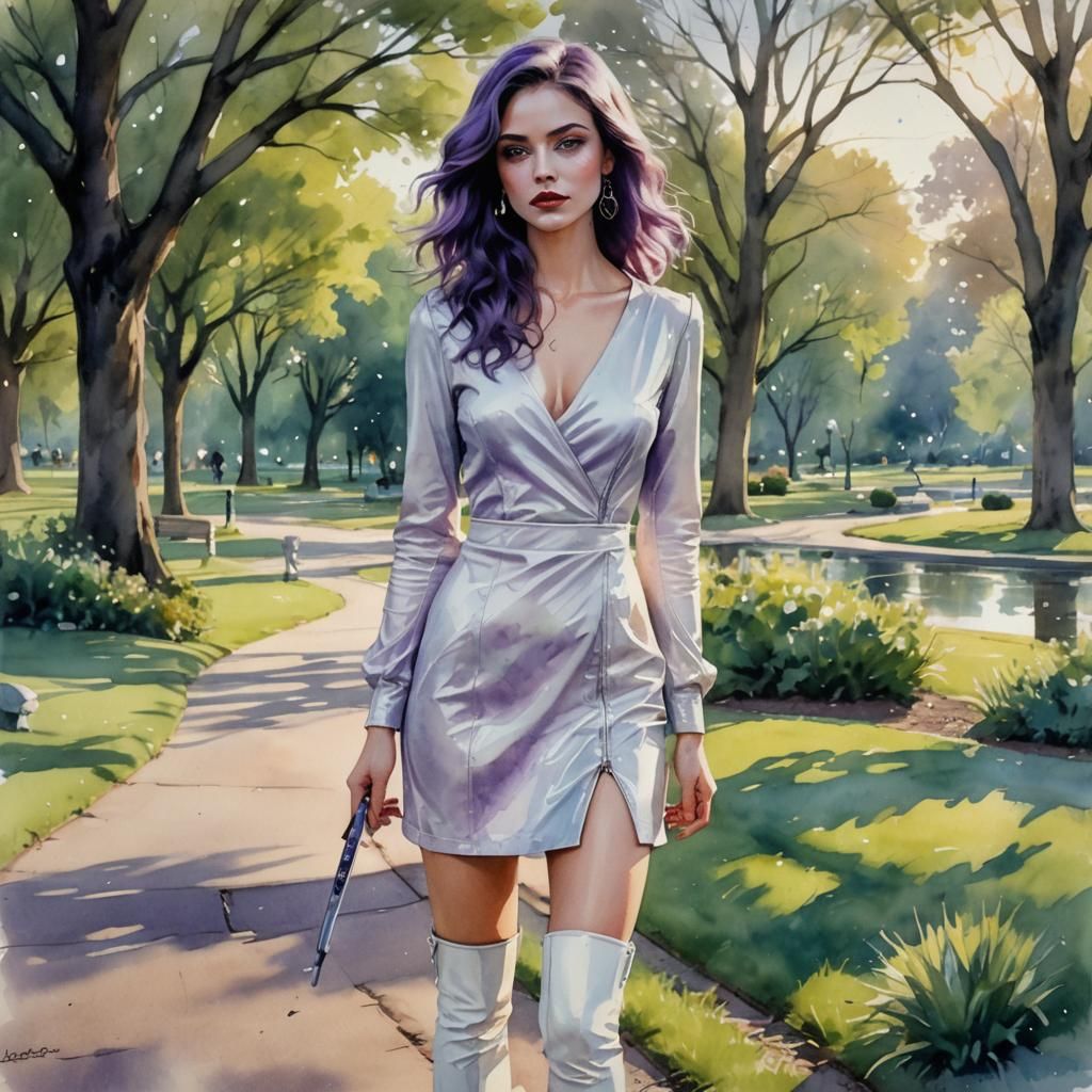 Watercolor Fantasy: Lady in White Leather Dress